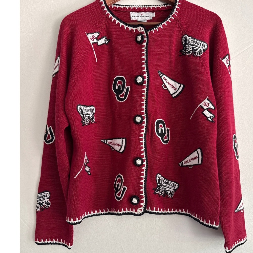 1990s Castles Sport Oklahoma Sooners Embroidered Cardigan Red Vintage Large OU